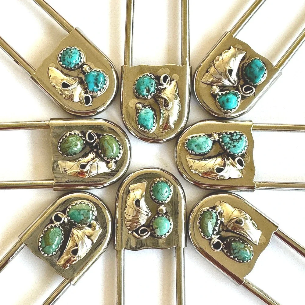 Navajo Safety Pin Keyring Turquoise Leaf Key Chain Tag 4in Mens Gift Big Native